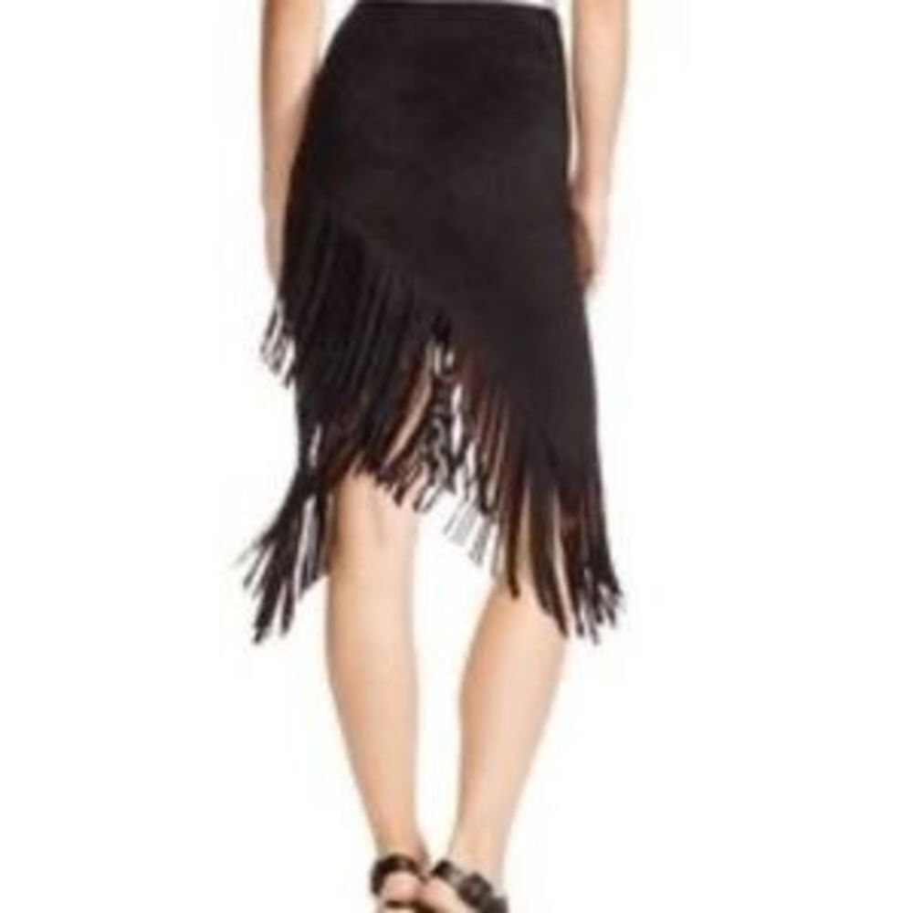 Aqua Women's Faux Suede Long Fringed Asymmetrical Wrap Style Black Skirt Size S - Picture 2 of 10